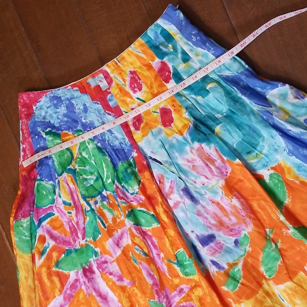 Lauren Ralph Lauren Watercolor Print Skirt Orange Teal Yellow Pleated Waist - Picture 10 of 12